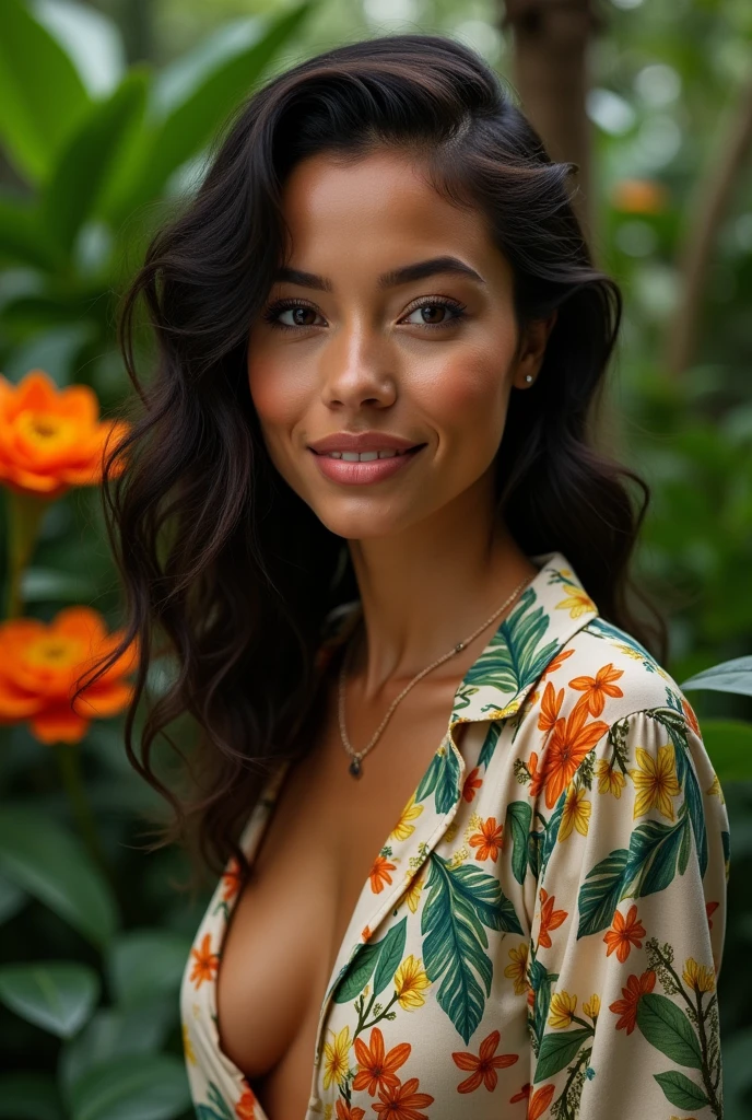 A Brazilian woman in a lush tropical garden, wearing an open shirt with a floral print, with a close-up capturing the harmonious beauty between her breasts and the natural flowers, showing off your natural charm and outgoing personality.
