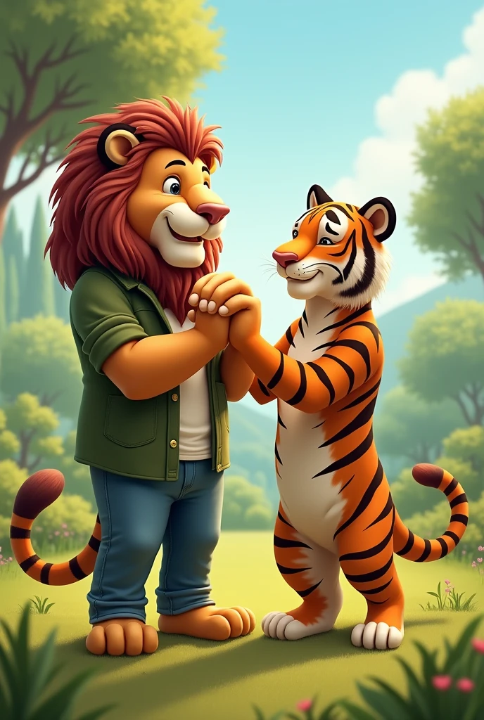 Lion and Tiger like humans and doing the hand gesture of peace