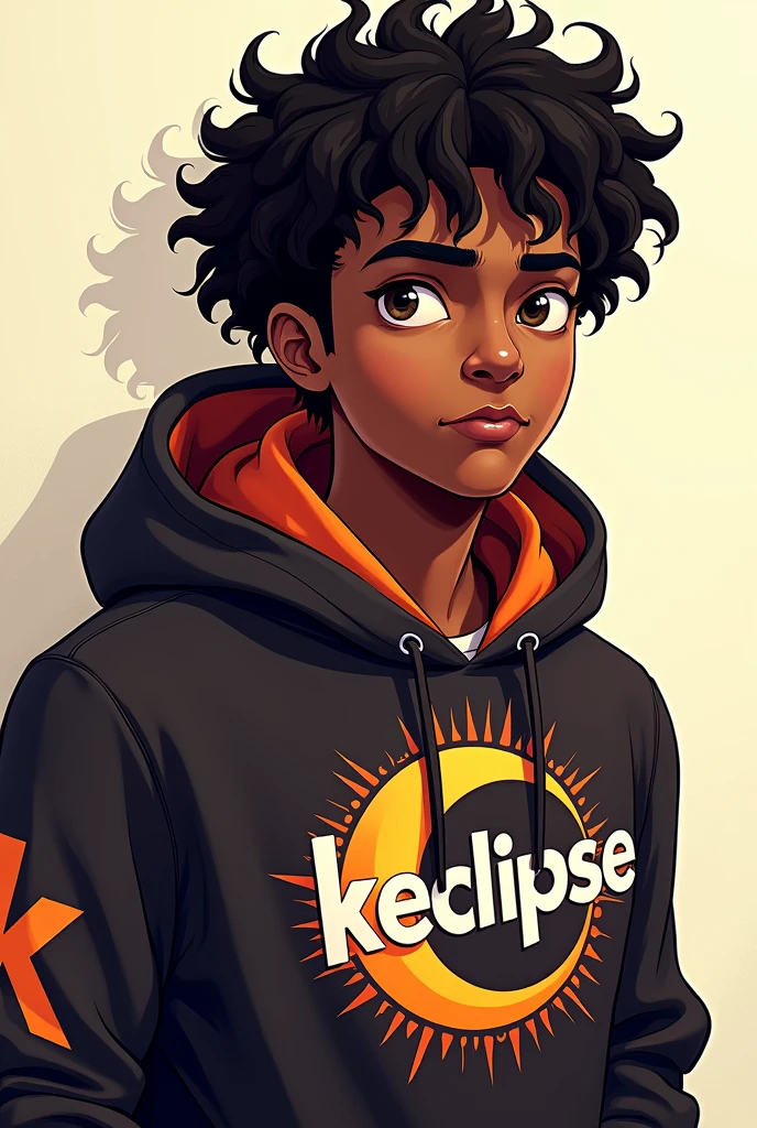 A black man with curly hair who has a hoodie and knows that it says KEclipse with an eclipse of the theme of the young gamige who looks more animated masculine