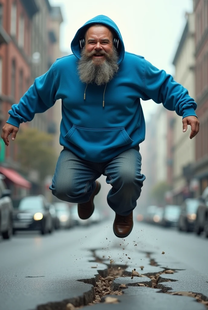 Fat man with a beard with a blue hoodie and headphones jumped and broke the road