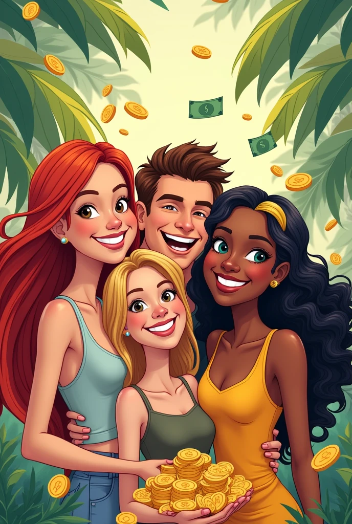 Please give me a picture of 4 friends, one man, three women. .One with straight red hair long to the back. Another curly blonde hair. Another long black hair with two blonde strands in front of straight hair Surrounded by money. all caucasians. Make it cartoonish