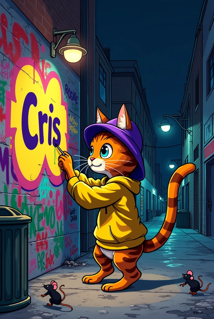 A cat similar in style to Frajola but in orange and black wearing a yellow sweatshirt with a purple hat doing a bomb style graffiti with the word Cris written on a brick wall at night illuminated by streetlights and in the scene some mice and full trash cans in a more underground style dark streets all graffitied heavy drawing