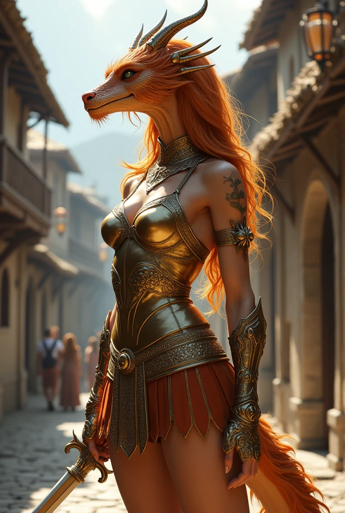 Female bronze dragon in human form. Beautiful, wearing bronze hoplite armor and short skirt, holding a sword, shiny bronze hair. In a medieval town.