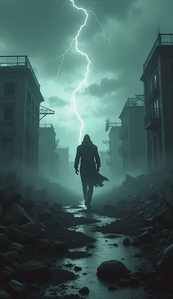 The sky was dark and overcast with scary flashes of lightning.. In the distance, seen the destroyed city and ruins everywhere. The ground beneath him shook and cracked., as if the whole world was on the brink of destruction. There is no light or hope around, just a fast moving shadow, creating an atmosphere full of fear and anxiety."