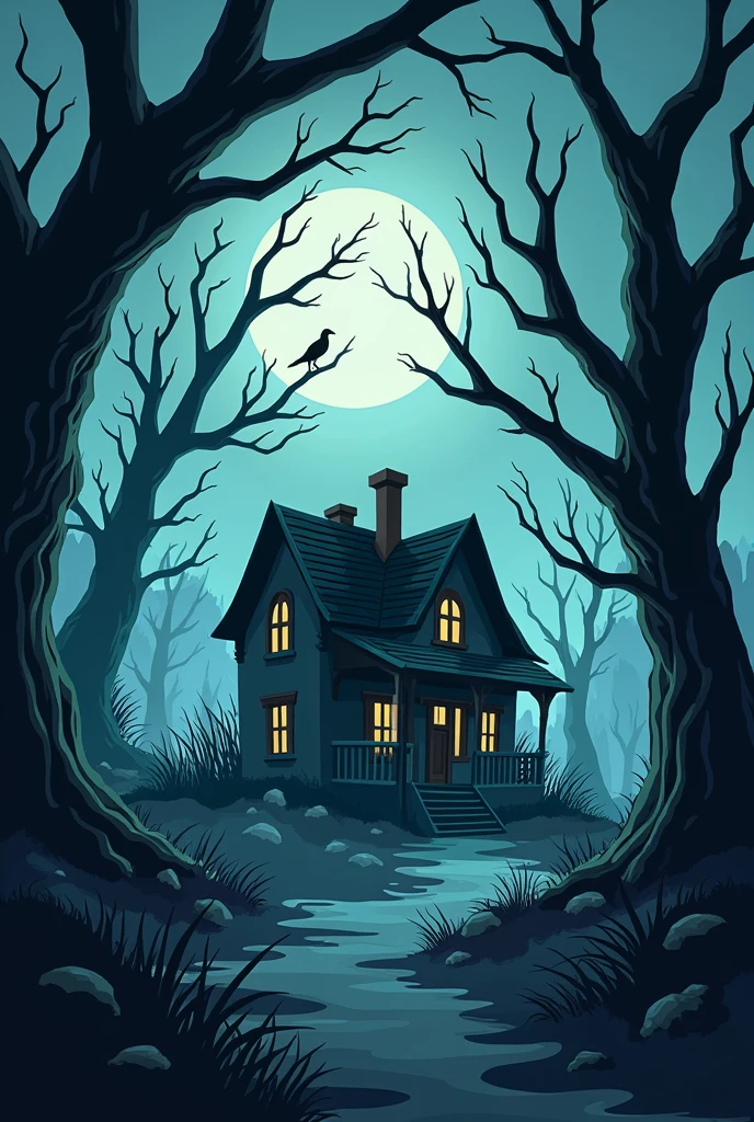 In cinematic cartoon style"Spooky Environment: Enhance the spooky atmosphere with swirling, cold air and dark, twisted trees around the house.This prompt aims to capture the eerie and terrifying elements of the story, ensuring the image reflects the unsettling and supernatural aspects of the narrative.