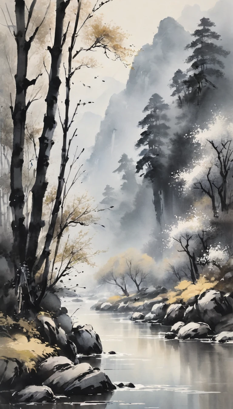 black and white,Impressionism,Ink Art,Ink splash,landscape,Tranquil atmosphere,Towering mountains,Flowing river water,exquisite woods,subtle brushwork,Misty mist,Floating calligraphy,whisperingwillows,Chinese traditions,Stone Road,Stunning contrast,Soft watercolor,Quiet and elegant,balance,Bright ink splash,Sublime Nature, Every stroke is filled with tranquility, eternal beauty.