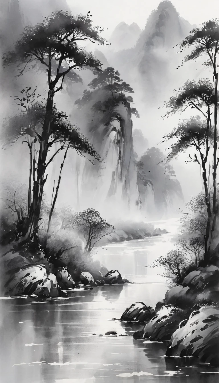 black and white,Impressionism,Ink Art,Ink splash,landscape,Tranquil atmosphere,Towering mountains,Flowing river water,exquisite woods,subtle brushwork,Misty mist,Floating calligraphy,whisperingwillows,Chinese traditions,Stone Road,Stunning contrast,Soft watercolor,Quiet and elegant,balance,Bright ink splash,Sublime Nature, Every stroke is filled with tranquility, eternal beauty.