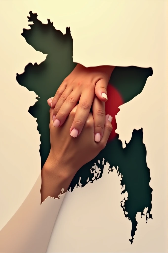 Two hands holding each other inside a map of Bangladesh