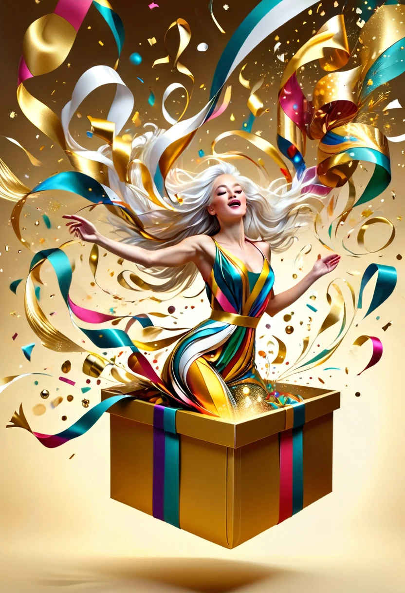 (Confetti bursts from an oversized golden gift box:1.37),Colorful ribbons flying in the air like a strong wind,In the style of Ann Schlow, Beautiful details,Long-range shooting,White hair woman,whole body,Elevation angle view,Paper Art,