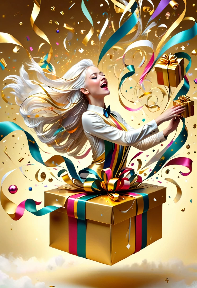 (Confetti bursts from an oversized golden gift box：1.37），Colorful ribbons flying in the air like a strong wind，In the style of Ann Schlow, Beautiful details，Long-range shooting，White hair woman，whole body，Elevation angle view，Paper Art，