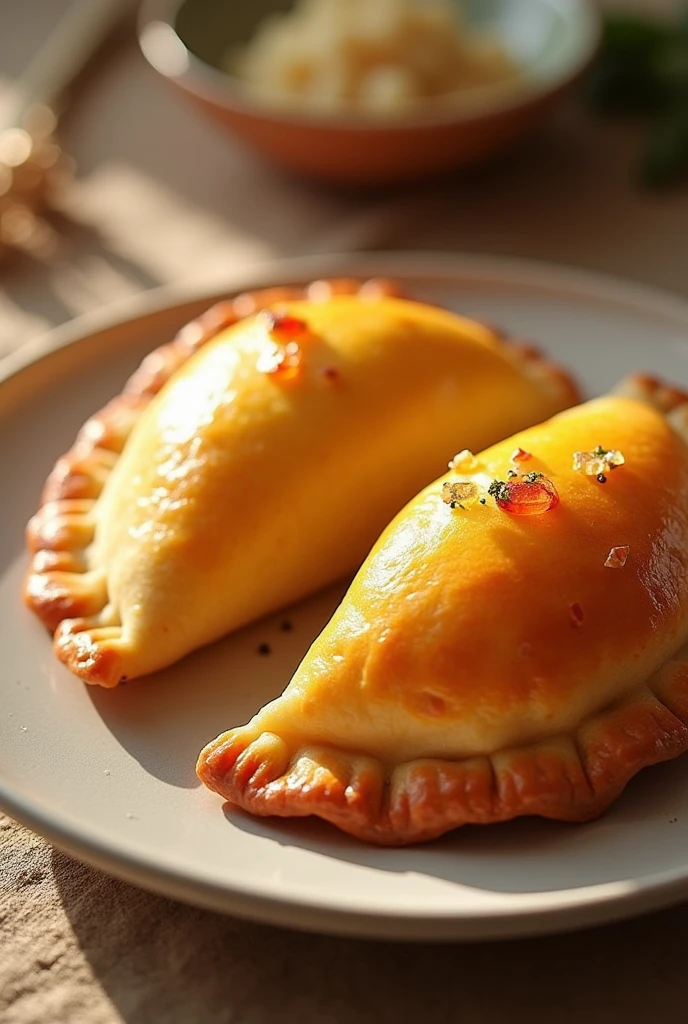 2 empanadas on a plate. One empanada is orange and the other is yellow. 