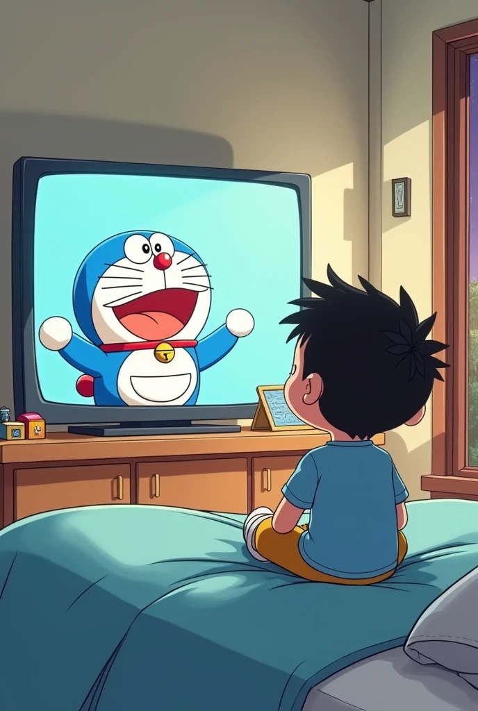 1 boy sit on the bed and watching the TV shows name is doreamon 2d cartoon