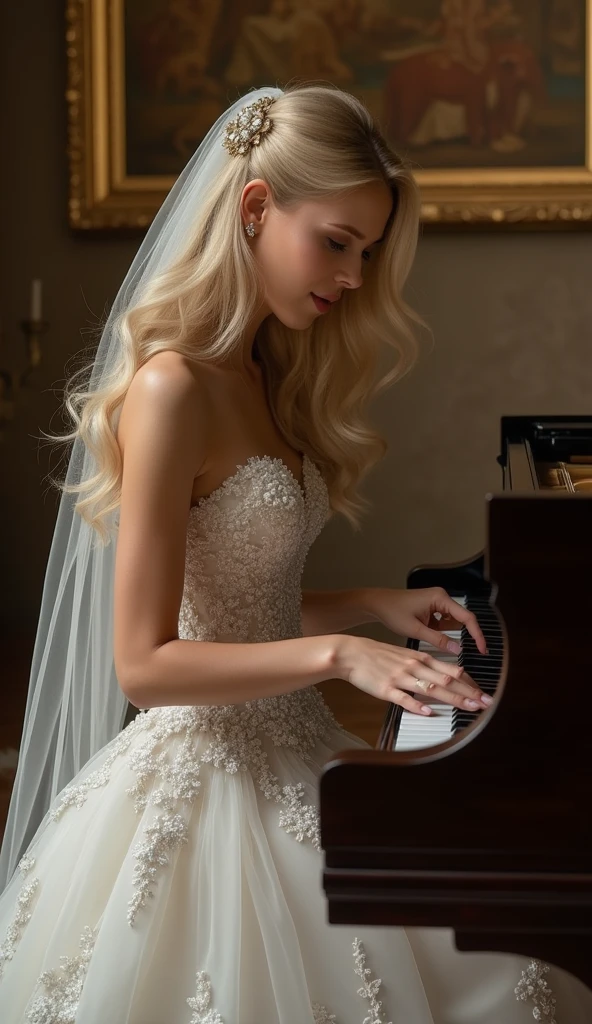 (great masterpiece、high-level image quality、hightquality), A beautiful blonde Lady、pianist、Sitting in a piano chair、playing piano、a grand piano、Picture-perfect performance、Beautiful fece、Beautiful eyes、Beautiful limbs、weddingdress