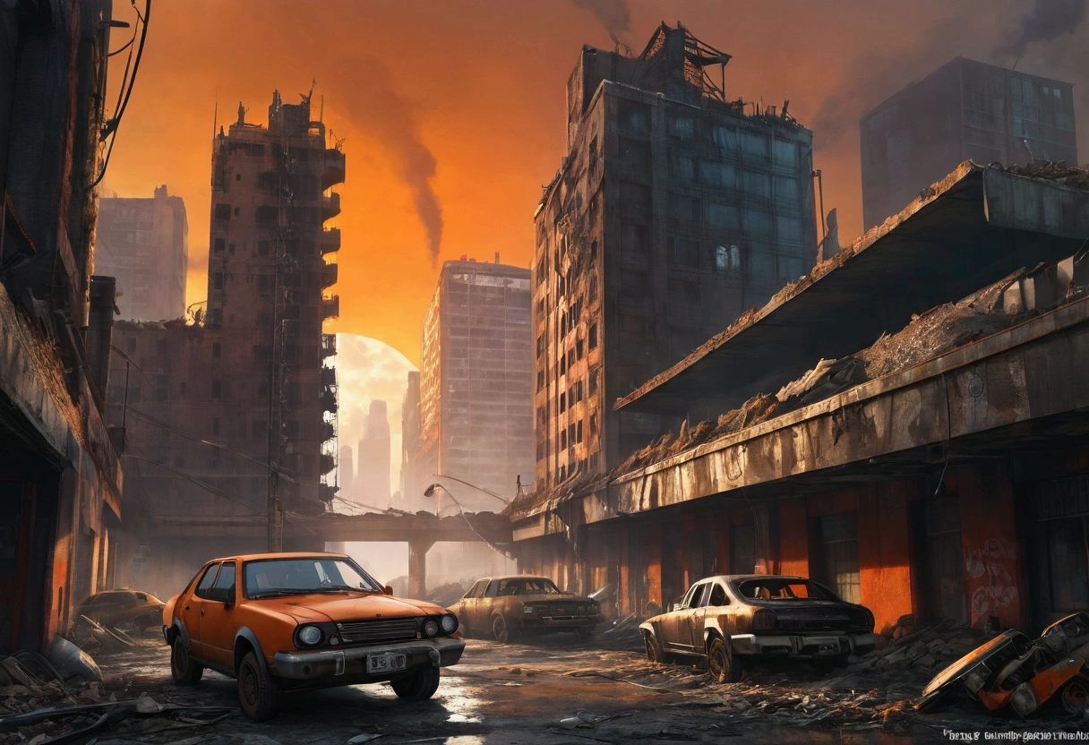 a post-apocalyptic dystopian landscape,dark sci-fi,ruined city,crumbling skyscrapers,rubble and debris,gloomy atmosphere,orange sky,dramatic lighting,abandoned cars,gas masks,cyberpunk aesthetic,industrial machinery,neon signs,graffiti-covered walls,steam vents,cinematic composition,hyper-detailed,photorealistic,8k,masterpiece