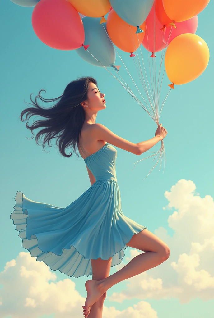Create a png drawing of a woman of about 30 years old white with black hair on the side holding balloons lifting one leg with a flared skirt and a blue strapless blouse and looking at the balloons