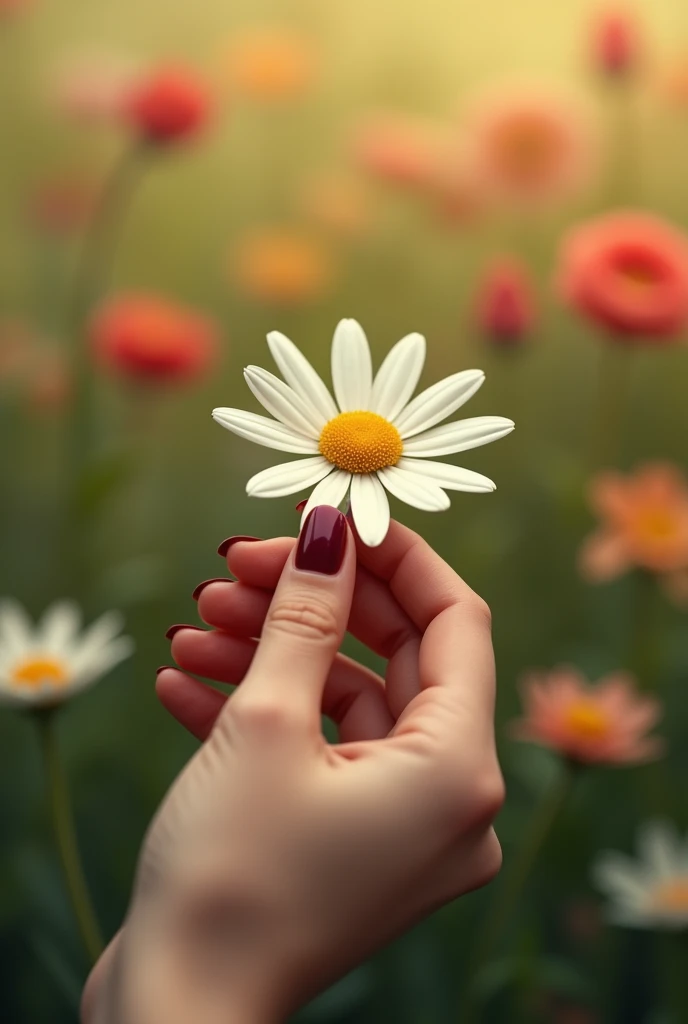 An image of a twelve-petal daisy with two petals already missing and a female hand with dark red nail polish plucking a petal as if she were playing catch. "love me" with a field of flowers in the background