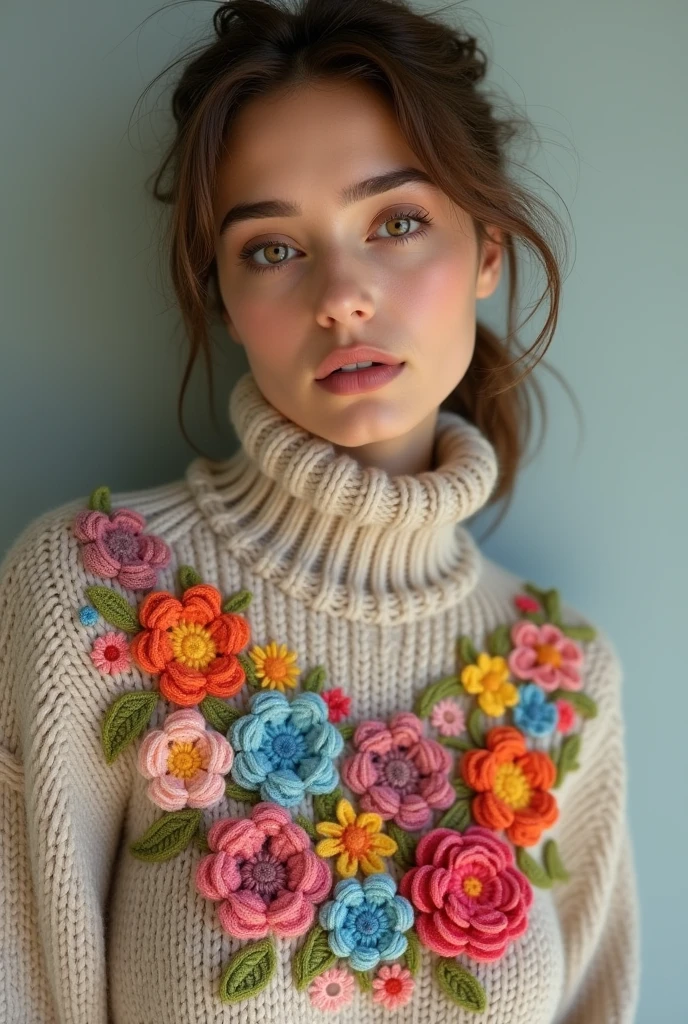 European woman model wearing thick beige knitted sweater with lots of colorful raised crochet flowers without holes