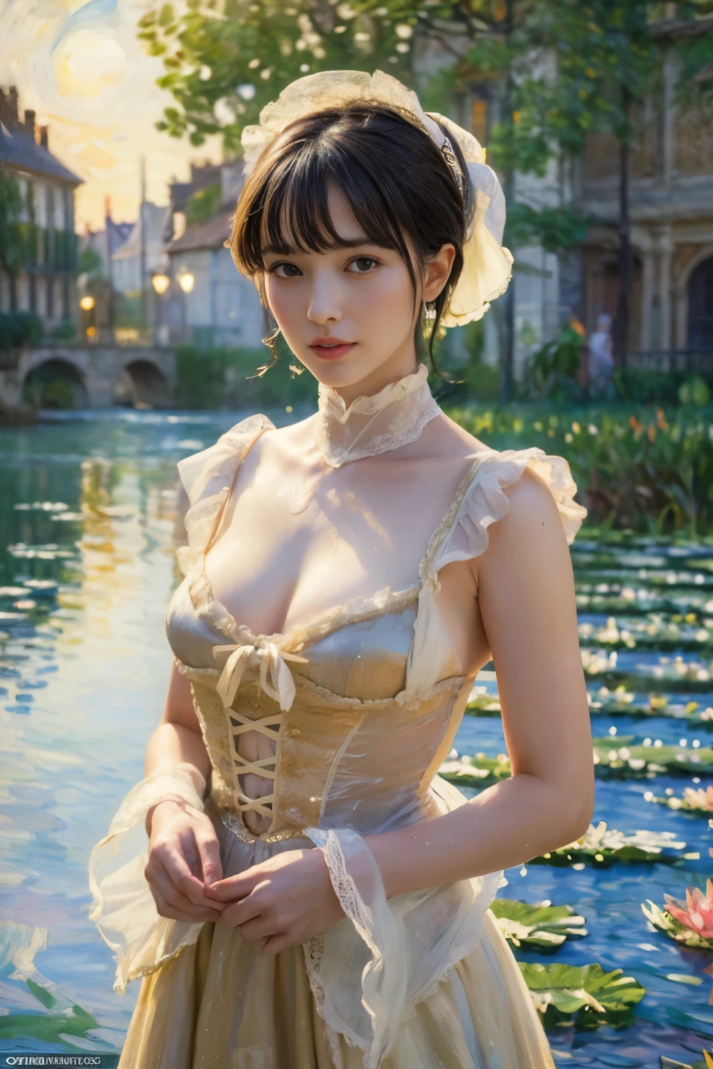 
((masterpiece:1.4, Highest quality)), (Realistic photos:1.4), 
((1 person)), (Otherworldly beauty), (dream-like),
(超High resolution:1.2), Very delicate and beautiful, wonderful, Very detailed CG Unity 8k wall paper, Very detailed, High resolution, 
Soft Light, Beautiful detailed, Very detailed eyes and face, Beautiful and detailed nose, Beautiful and detailed, 
(Dressed in late 19th century French costume:1.3), (Get on a small boat), (night), (Monet&#39;s Lotus Pond),
Cinema Lighting, Perfect Anatomy, Slender body, (Parted bangs),
(The world of impressionist painting:1.5), (Impressionist light and colour), (「water lily」),
Cowboy Shot