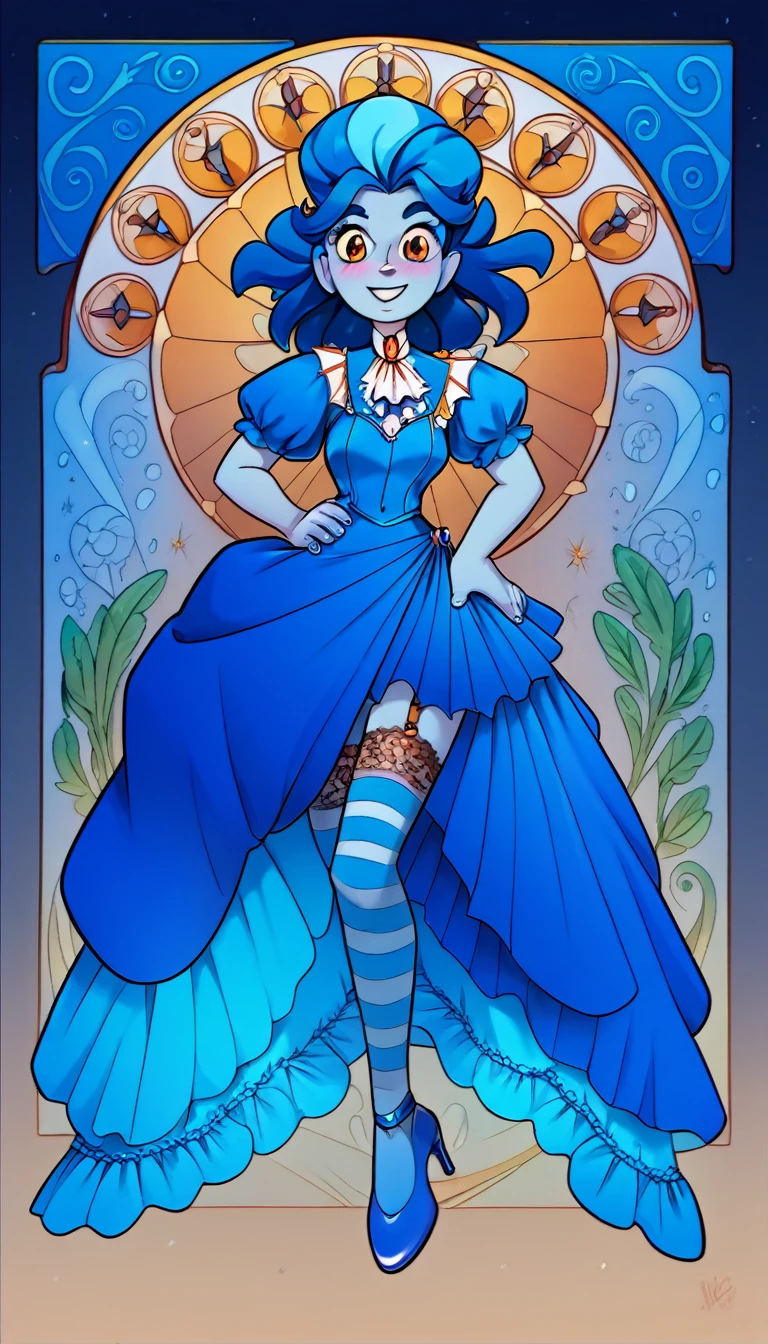 masterpiece, art nouveau, frankelda, 1girl, solo, burlesque dress, striped, blue hair, high heels, colored skin, floating, nauthy smile, blushing, one hand on hip, othe hand up, trim lace stockings