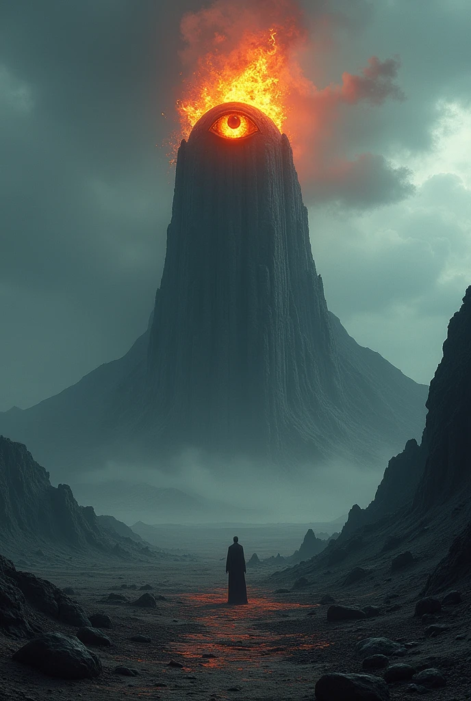 A dark tower in a barren wasteland, a volcano at its back. The dark tower has a large, flaming eye overlooking the land.