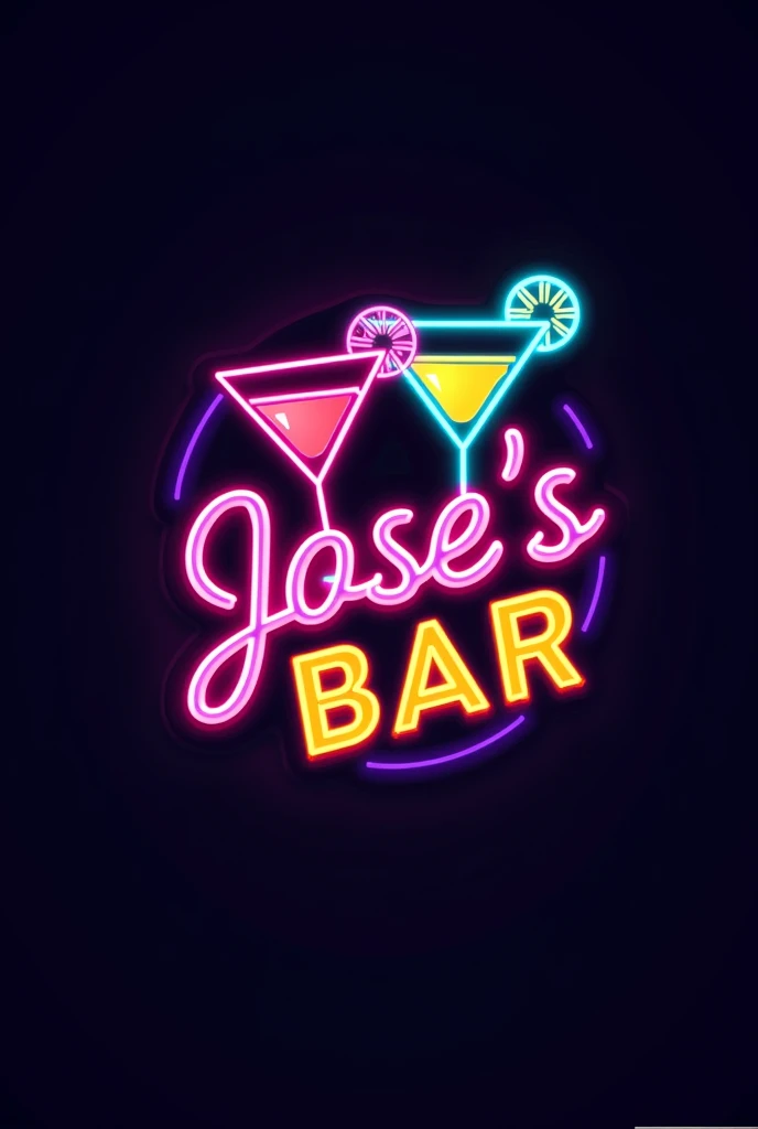 Logo Description:
Main Text: "Jose's Bar"
Central Element: neon colored cocktail and whiskey silhouettes