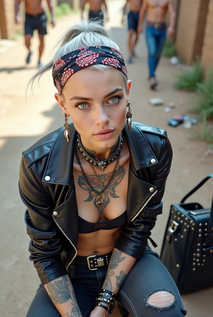 russian milf woman, grey hair (middle part, shaved sides, ponytail) and oversize colourful bandana as headband, with very light blue eyes, extremely pale. Wearing cropped black cracked moto jacket with lots of zippers and pins, black push up bra with white seams, dark skinny blue jeans with holes in knees. Dirty white tennis sneakers . Studded Choker. Lots of metallic bracelets and colourful collars. Tacky wide studded leather belt with oversized skull and bones buckle. Long bohemian earrings with feathers. Squatting like in a payer, looking at the camera. Shy, humble facial expression. Hands on her knees, studded black leather tote bag with chains next to her Listening in amazement to somebody speaking to her, Toned abdominals, thin neck, slim legs and thin arms. Chest, neck and hands tattoed heavily. Dirt road in Kenia village, crowded with shirtless men in jeans. next to her, coins , mobile, lipstick, makeup kit and sunglasses and all her belongings scattered on the floor