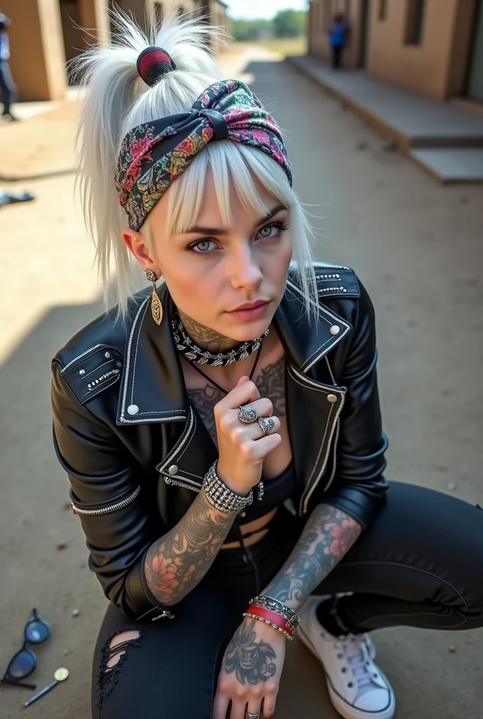 russian milf woman, grey hair (middle part, shaved sides, ponytail) and oversize colourful bandana as headband, with very light blue eyes, extremely pale. Wearing  cropped black cracked moto jacket with lots of zippers and pins, black push up bra with white seams, dark skinny blue jeans with holes in knees. Dirty white tennis sneakers  . Studded Choker. Lots of metallic bracelets and  colourful collars. Tacky wide studded leather belt with oversized skull and bones buckle. Long bohemian earrings with feathers. Squatting like in a payer, looking at the camera. Shy, humble facial expression. Hands on her knees,  studded black leather tote bag with chains next to her  Listening in amazement to somebody speaking to her, Toned abdominals, thin neck, slim legs and thin arms. Chest, neck and hands tattoed heavily.  Dirt road in Kenia village, crowded with shirtless men in jeans. next to her, coins , mobile, lipstick, makeup kit and sunglasses and all her belongings scattered on the floor
