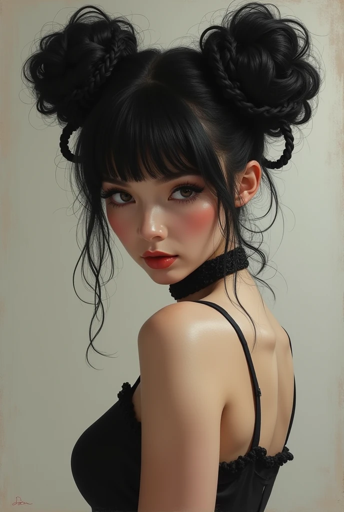 Sex, pov, hair with a dark base, including two big buns on top of her head and a short length going down her neck; above which, lightly dyed or bleached, she keeps a plait or plait which encircles the two buns, uniting in a short length at the back, and a fringe which frames the face.