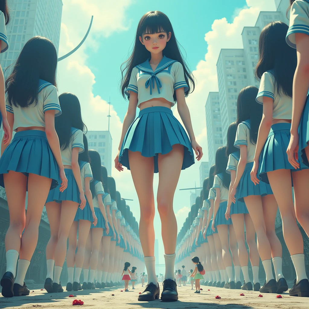 (((giant clone-girls art))), (((16K, Highest quality, Ultra-high resolution))), (((((It's a very unrealistic and delusional worldview.))))), A high school girl with thick black hair, Light blue short sleeve uniform, Blue and white striped mini skirt, White socks, Black leather shoes, Panties in full view, Very detailed美しい女体, Very detailed完璧な体の構造, ((Big Breasts)), (((A seductive smile))), (((((Super huge beautiful girl, 2,500ft, High school girls are much taller than skyscrapers, small city, The people in the town are tiny))))), ((((((((Highly detailed cloning depiction, 1girl-1,000clone-girls)))))))), (Very detailed, The detailed depiction of the proliferation of Clone-girls, ((With perfectly identical Clone-girls' bodies, With the exact same face as Clone-girls, With the exact same hairstyle as Clone-girls, Dressed exactly like the Clone-girls, Exactly the same height as the Clone-girls, 完璧にClone-girlsと同じ超Big Breasts), (((((1,000Clone-girls))))), There are so many gigantic high school girls that you can barely move your feet., Destroying cities, City Survivors 0.001%, A depiction of a high school girl looking up from below