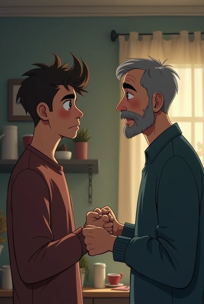 tom a young adult talking with his father worried in the face


