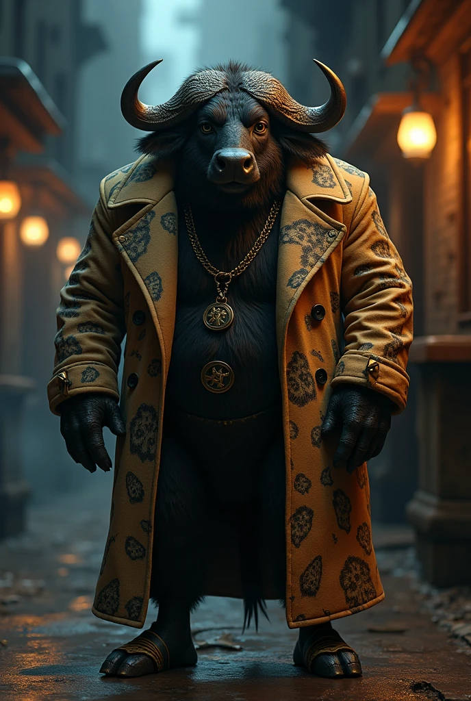 Mafia buffalo wearing a hyena trench coat