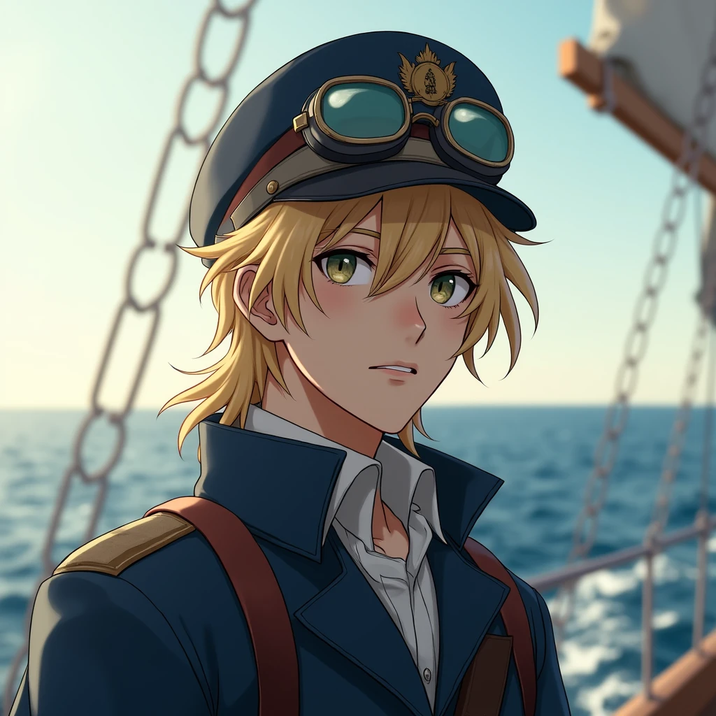 White male、(((1)))、美Shii若者、smile、Blonde、semi-long、、Rin々Shii、brave、Skinny、Old burn scar around left eye、Top hats and goggles、Navy Costume、Jacket、On the boat、Genuine、Genuineistic、Live Action、High resolution