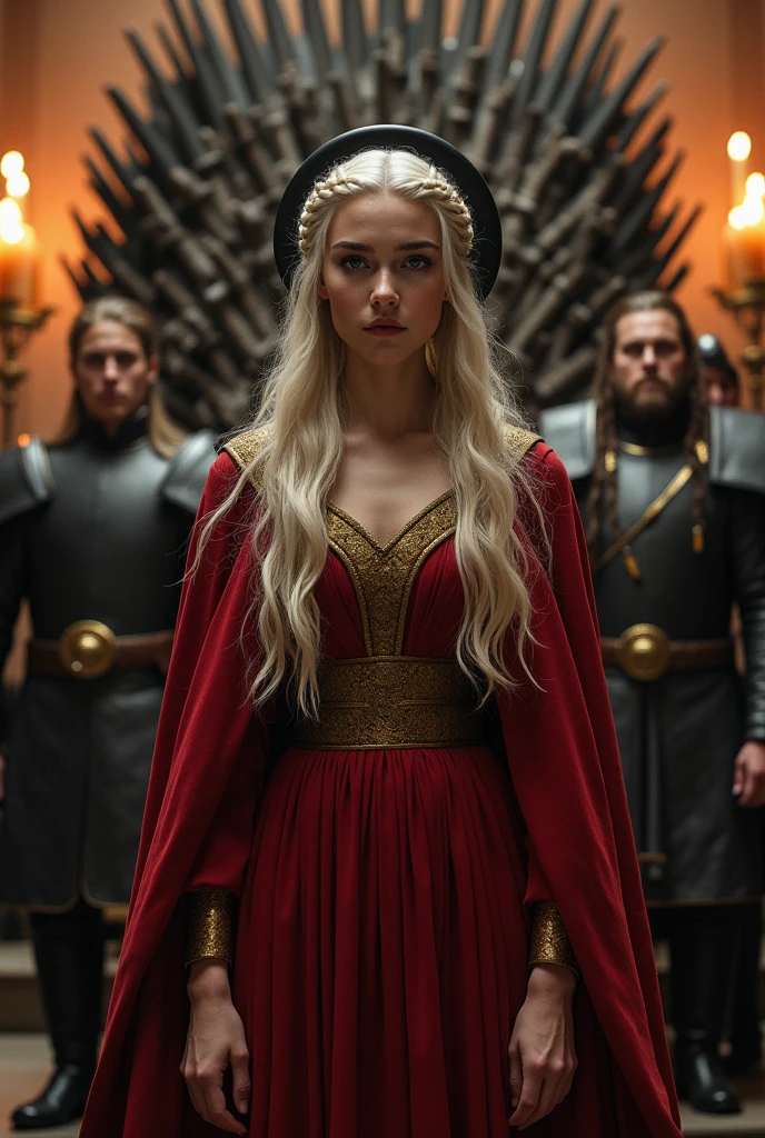A beautiful Young  Rhaenyra Targaryen with  black long hair wearing a royal Red cotton Fabric Princess gown with dark golden cotton cloak,Her platinum blonde hair braided around her head like a ring,A black ring shaped flat large plane tiara on her head, She's standing straight,Iron throne on her background, candles around, soldiers on either sides, Photorealistic 
