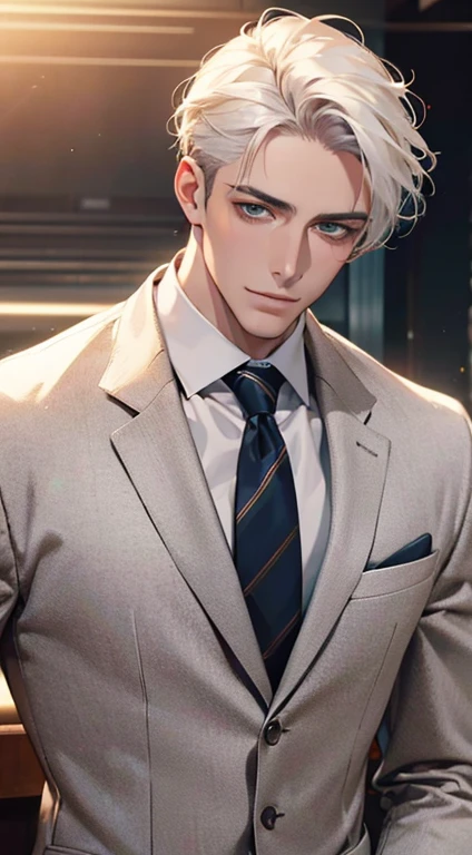 (Highest quality,4K,8K,High resolution,masterpiece:1.2),Super detailed,(Realistic,photoRealistic,photo-Realistic:1.37),1 personld,Mature Men,Beautiful skin、very handsome,Expressionless smile in love,Short white hair,green eyes,Sharp Eyes,A perfect face without a doubt,Businessman, CEO, Office Background,Cinema Lighting,HDR image,tie、