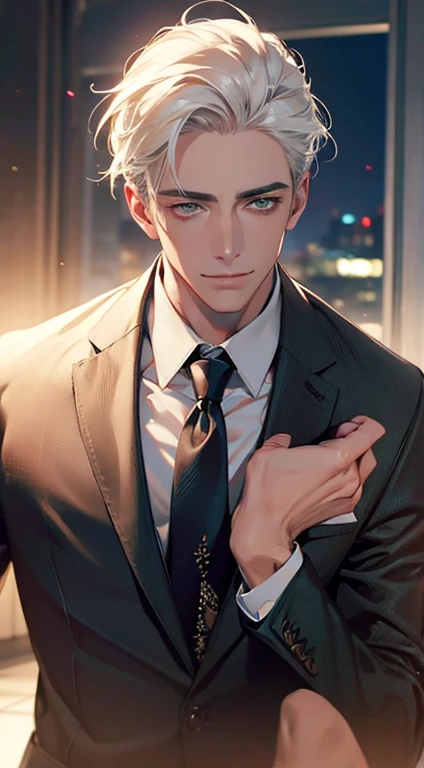(Highest quality,4K,8K,High resolution,masterpiece:1.2),Super detailed,(Realistic,photoRealistic,photo-Realistic:1.37),1 personld,Mature Men,Beautiful skin、very handsome,Expressionless smile in love,Short white hair,green eyes,Sharp Eyes,A perfect face without a doubt,Businessman, CEO, Office Background,Cinema Lighting,HDR image,tie、