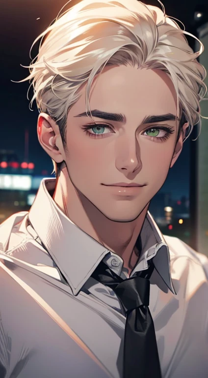 (Highest quality,4K,8K,High resolution,masterpiece:1.2),Super detailed,(Realistic,photoRealistic,photo-Realistic:1.37),1 personld,Mature Men,Beautiful skin、very handsome,Expressionless smile in love,Short white hair,green eyes,Sharp Eyes,A perfect face without a doubt,Businessman, CEO, Office Background,Cinema Lighting,HDR image,tie、