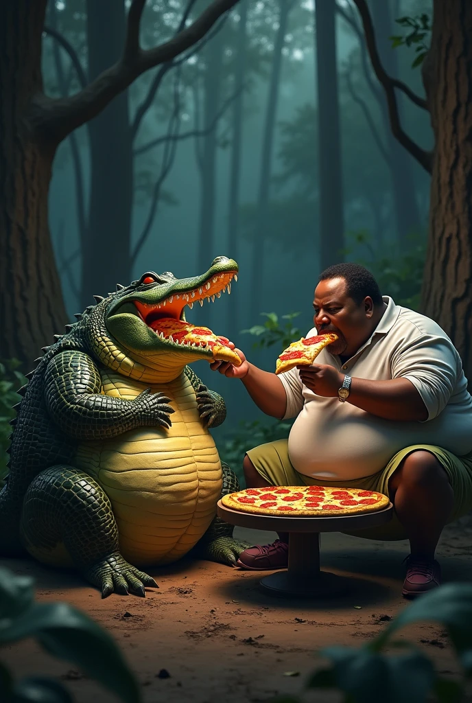 Fat crocodile and fat black man sitting eating pizza at night in dark forest