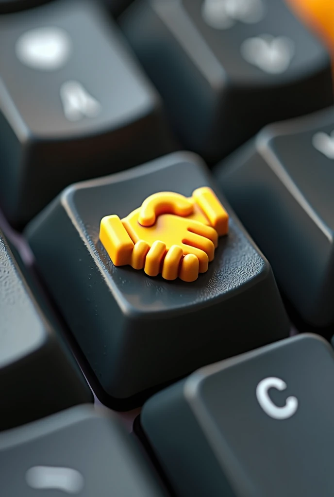 Make a 3D looking keycap, the printout should be a yellow handshake icon, the view should not be centered, must be taken at a photographic angle