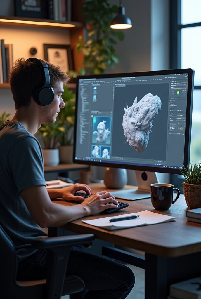 Create a highly detailed and realistic image of a modern workspace where a person is engaged in 3D modeling using Blender software on a computer. The scene should include a desk with a large monitor displaying the Blender interface, showing a 3D model being edited. The person, a young adult, is seated at the desk, dressed casually, wearing headphones, and focused on the screen. They are using a mouse and keyboard to interact with the software. The workspace should also feature elements like a coffee mug, sketchpads, and Blender-related books, highlighting a creative and professional environment."