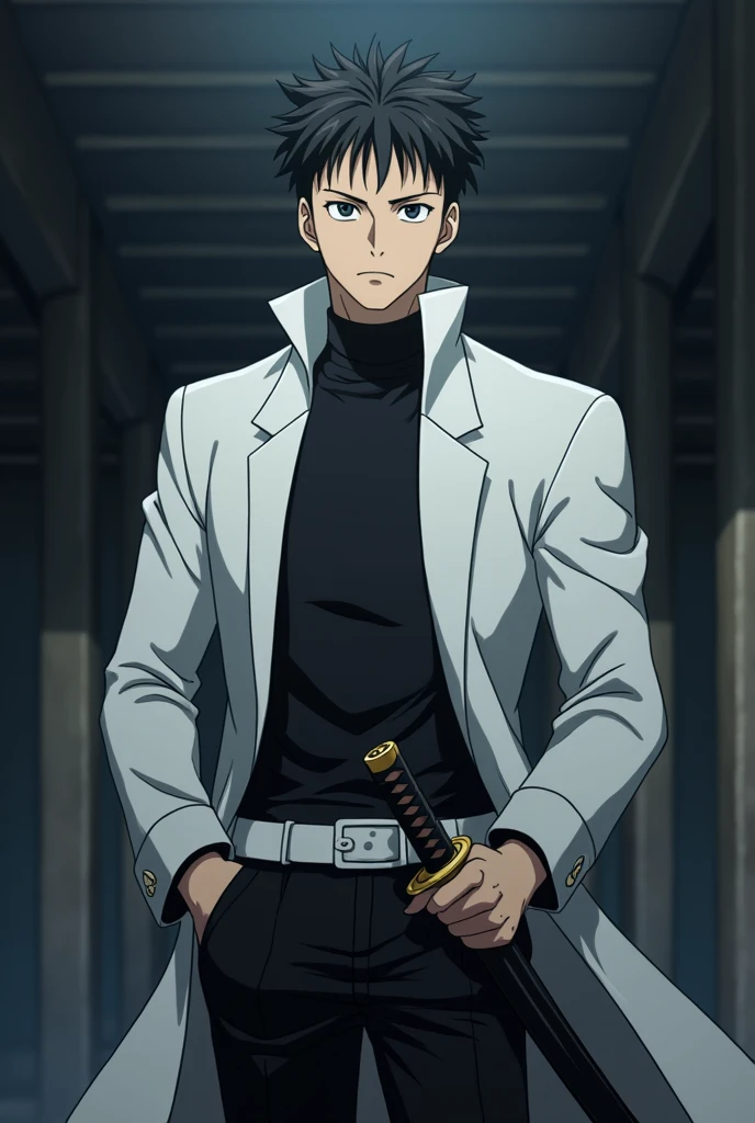 Yuta okkotsu, (jujutsu kaisen), (Black hair), (hair cut), black eyes, (dark circles under the eyes), serious expression, white high-ring closed coat, (black pants), (white belt waist), (holding katana), (masterpiece), (anime screencap), (handsome), (tall man), (lean defined physique)