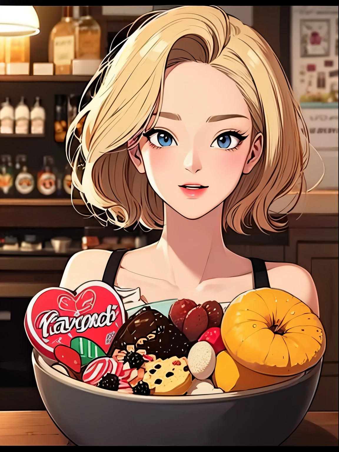 High level of image quality、Ultra Detailed、A blonde girl、Cozy old fashioned retro-futuristic candy and soda shop、Analog style、Retro Effect、vintage、Pop Art、poster