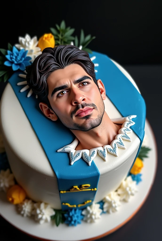Design a model of a cake with a design of the Argentine singer Paulo Londra and the Alianza Lima football club, a Peruvian football team