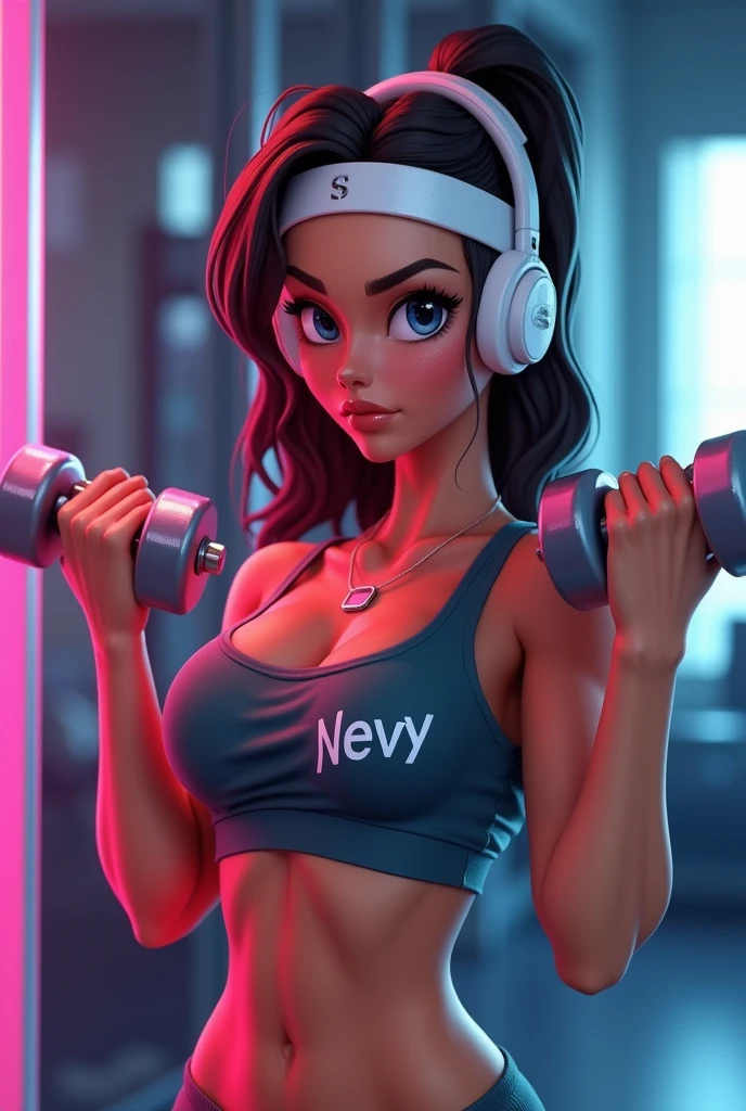 Animated photo of a beautiful woman doing fitness using dumbbells, shot as if she was taking a photo in front of a mirror, wearing a fitness shirt with the name Nevy written on it and wearing white headband earphones. 