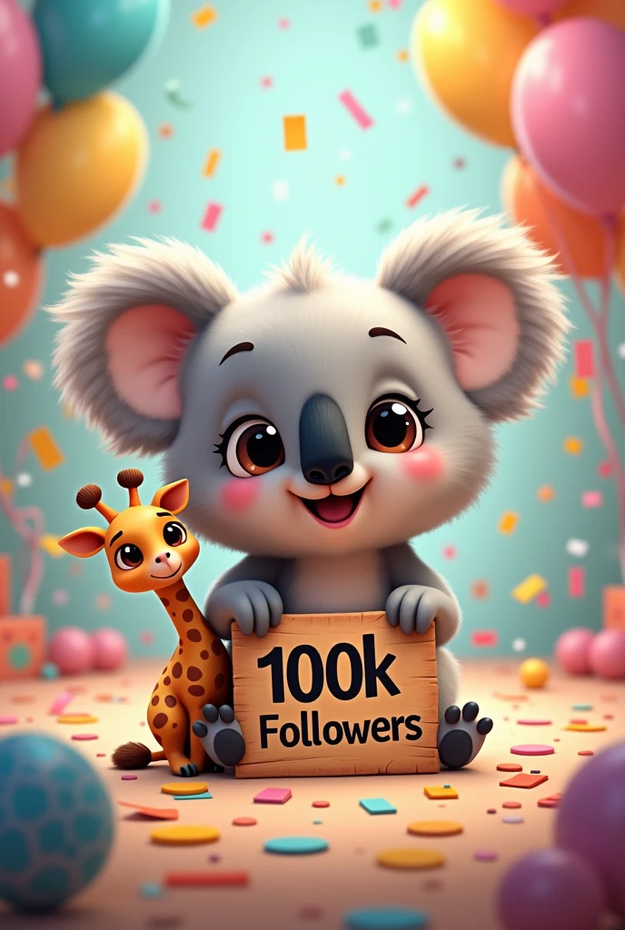 Image of an animated koala with a 100k followers sign with a small giraffe on his shoulder. With confetti and balloons in celebration mode. super cute