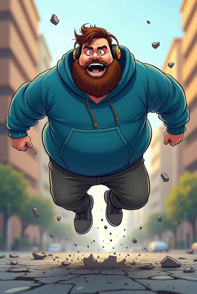 Fat man with a brown beard with broawn hair with a blue hoodie and headphones jumped and broke the road