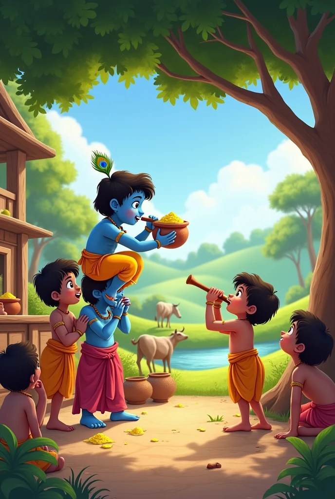 "Create a joyful and playful scene featuring young Krishna with his friends in the idyllic setting of Vrindavan. Krishna should be depicted with his iconic blue skin, wearing a yellow dhoti and a peacock feather in his hair, exuding an aura of divine charm. In one version of the scene, Krishna is shown mischievously stealing butter from a clay pot hung high in a rustic village kitchen. He is balanced on the shoulders of his friends, who laugh and cheer him on, with the surrounding area filled with spilled butter and broken pots. The expressions of Krishna and his friends are full of joy and playfulness, capturing their innocence and bond.
In another version, Krishna is sitting under a large, shady tree, playing his flute. His friends are gathered around him, some sitting and listening with enchanted expressions, while others dance joyfully. The background should include lush green fields, cows grazing peacefully, and the Yamuna River flowing gently in the distance. The atmosphere is serene, with soft sunlight filtering through the trees, and the sound of Krishna's flute seemingly filling the air with a sense of calm and divine beauty. The image should radiate a sense of happiness, harmony, and the magical innocence of Krishna's childhood."