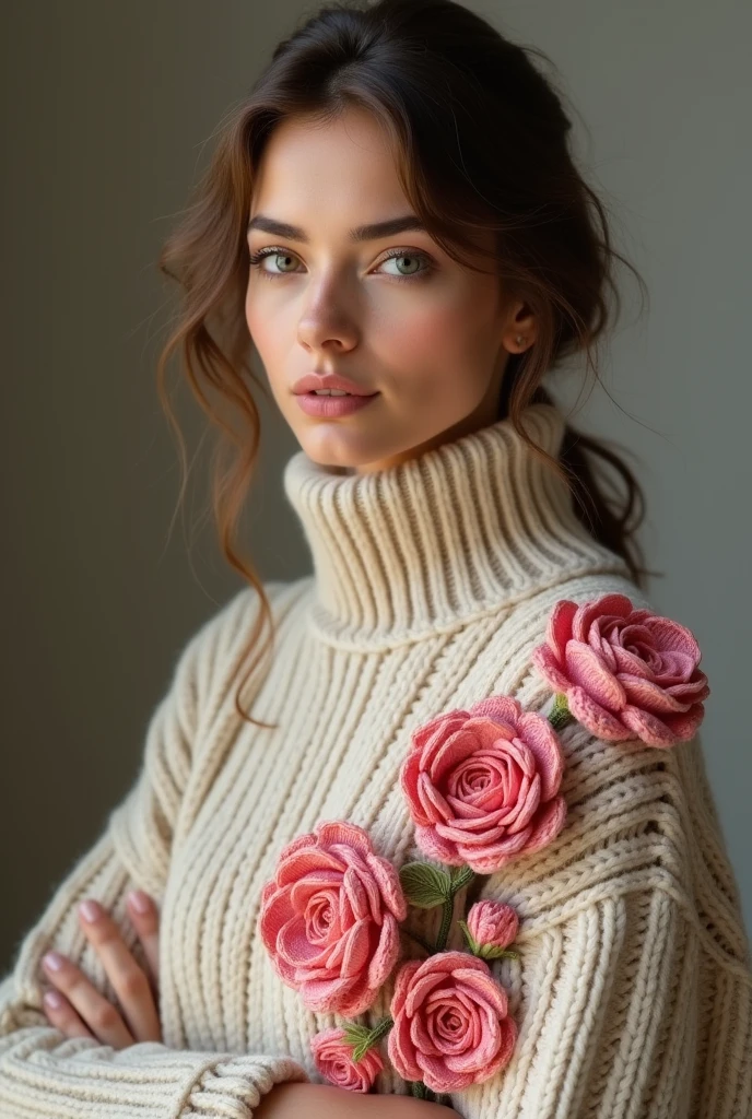 European woman model wearing thick beige knitted sweater with lots of crochet flowers in high relief, thick pink colors without holes 