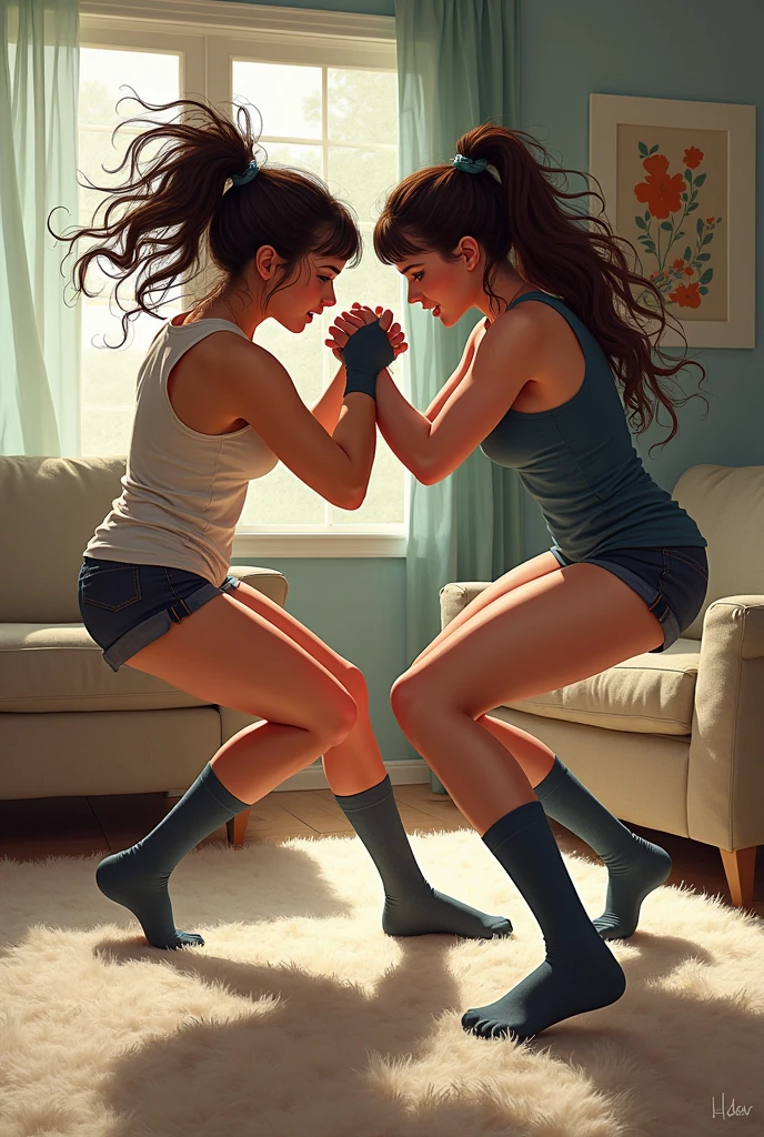 create an illustration of a fight between two women with socks on their feet on a carpet in the living room
