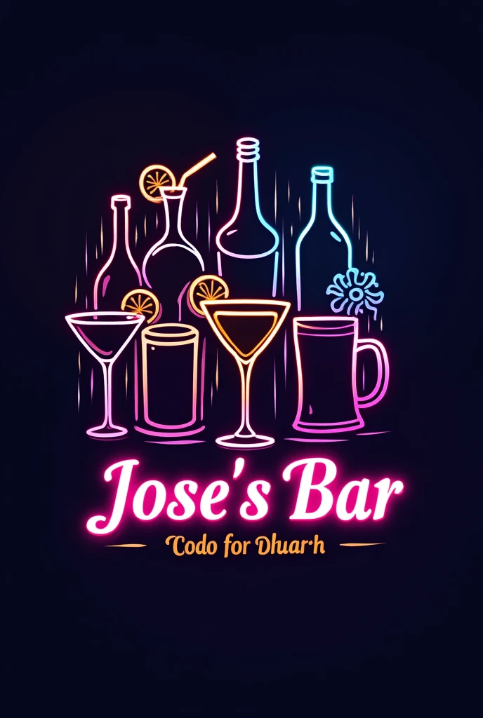 Logo Description:
Main Text: "Jose's Bar"
Central Element: silhouettes of cocktails and whiskey and beers in neon colors