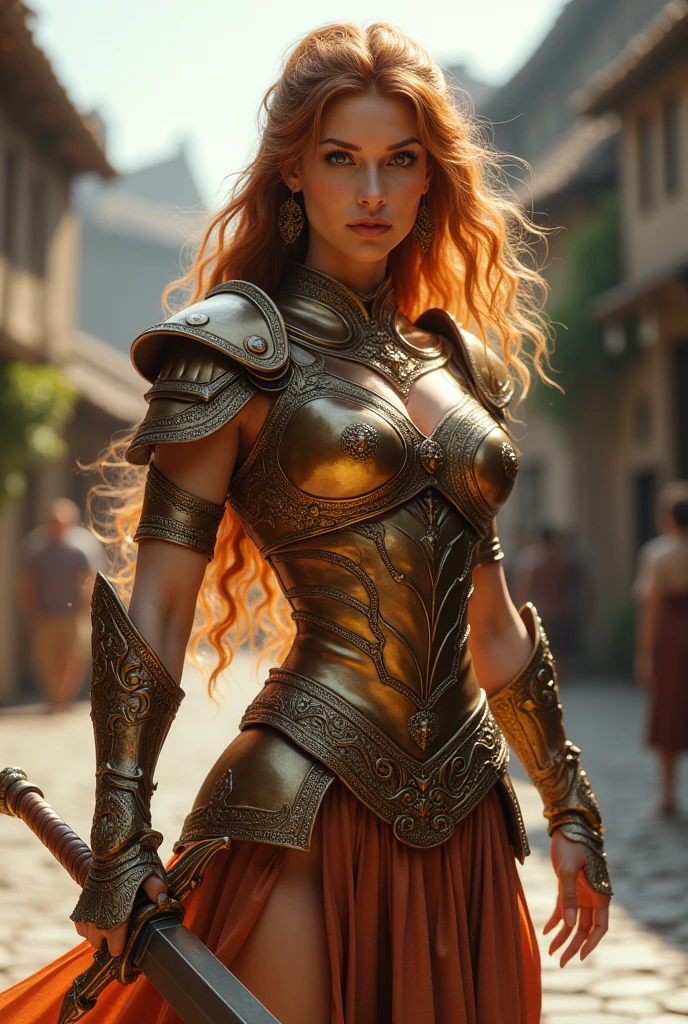 Female bronze dragon in human form. Beautiful, wearing bronze hoplite armor and short skirt, holding a sword, shiny bronze hair. In a medieval town.